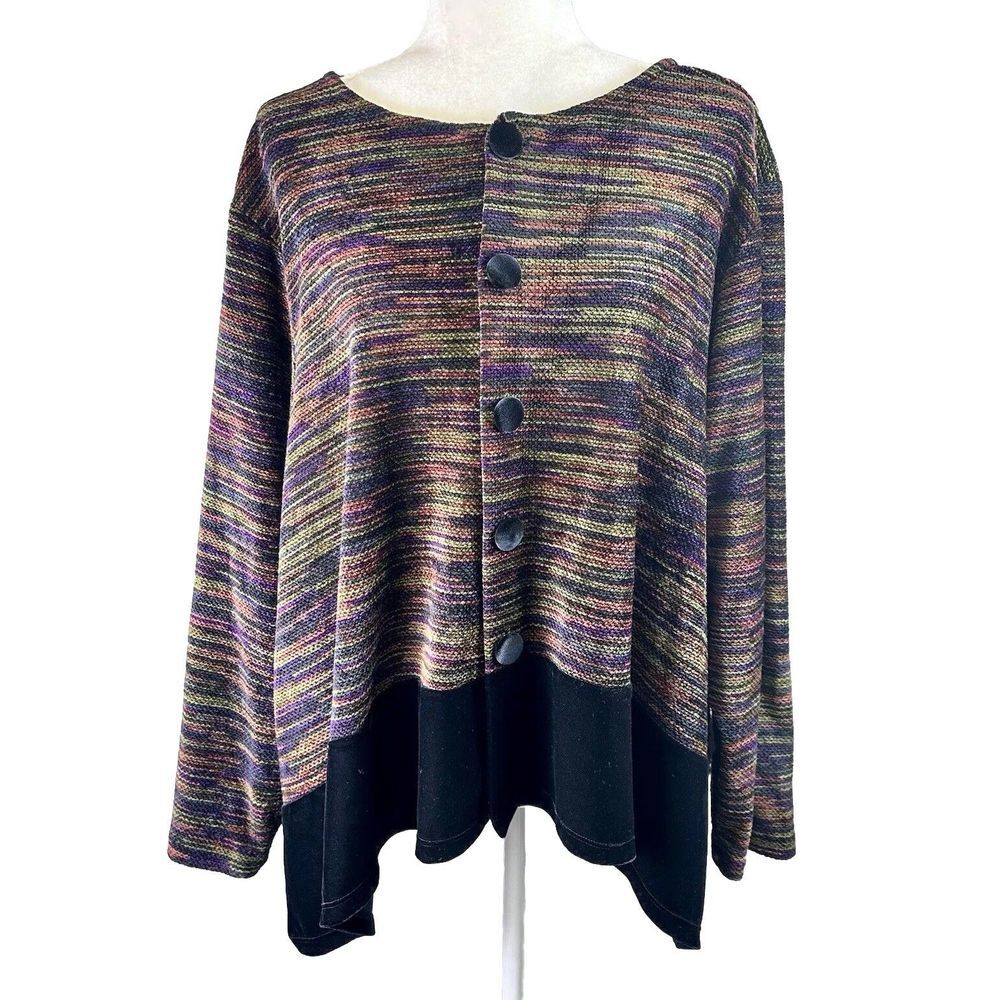 Vintage By Chicos M/L Black Multicolor Artsy Art To Wear Long Sleeve Cardigan